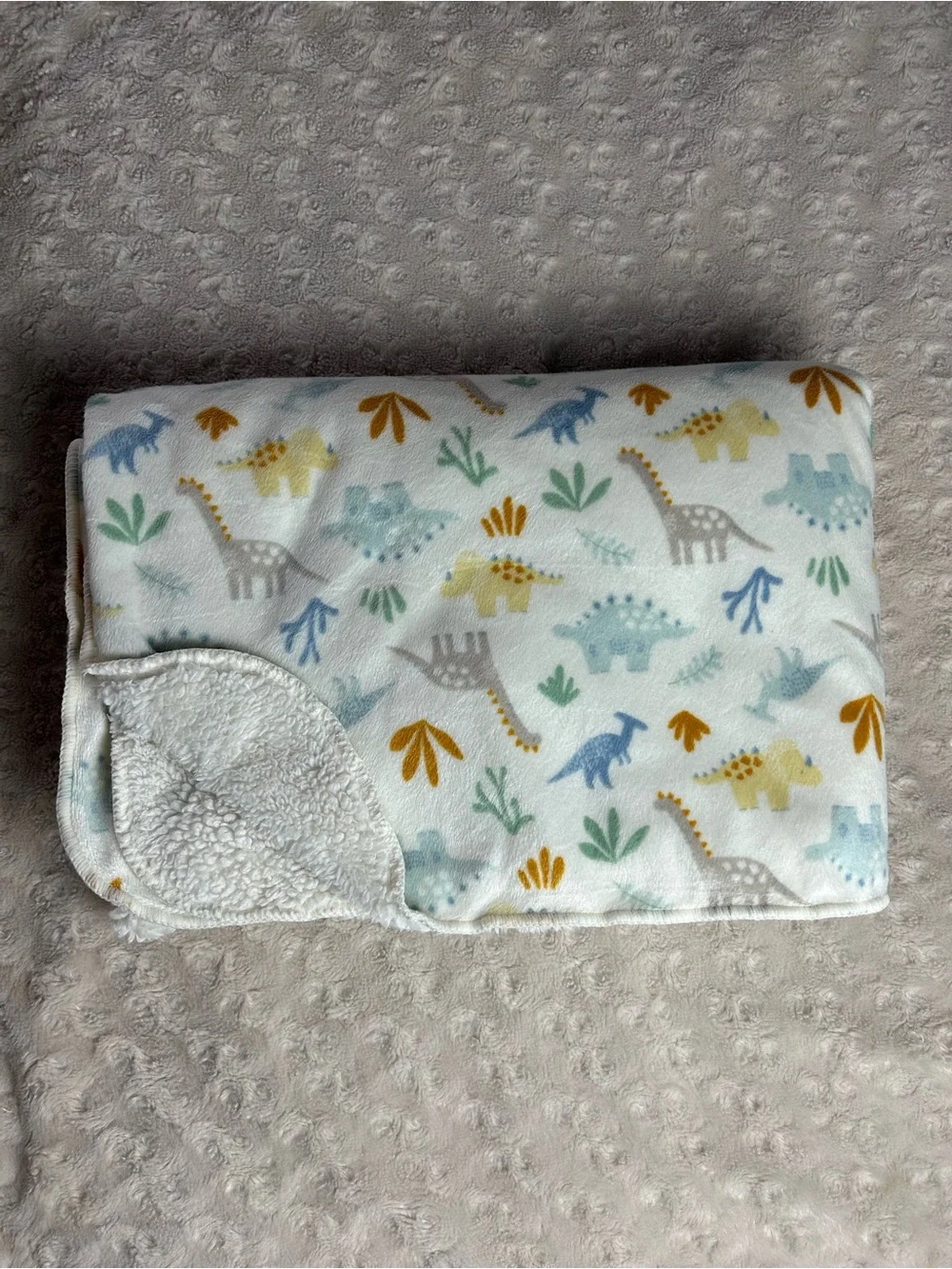 Kyle & Deena Dinosaur Baby Blanket Yellow White Blue Green Orange Sherpa Leaves